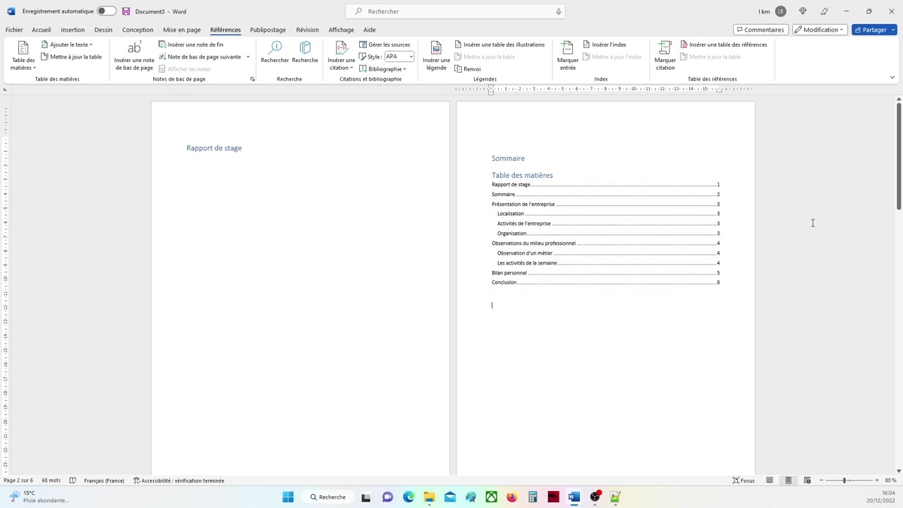 Réaliser un rapport de stage avec Word