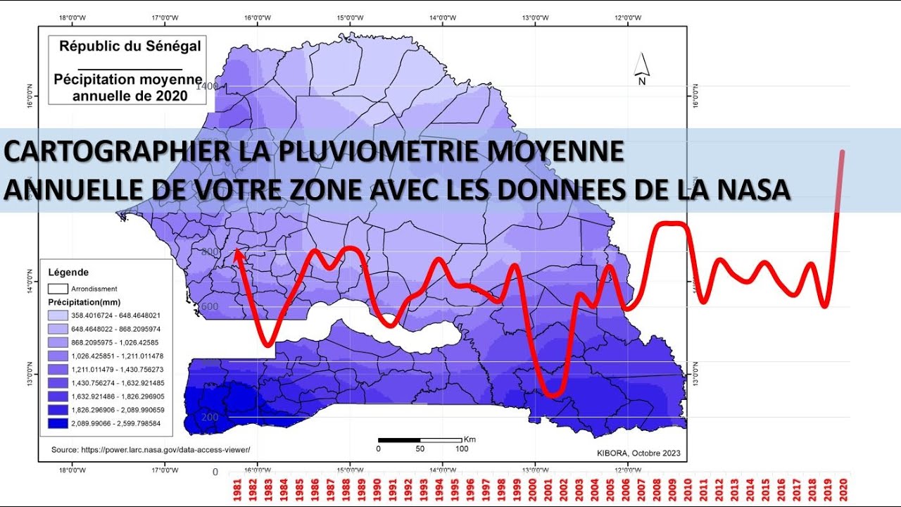 Cartographions la pluviométrie moyenne annuelle du Sénégal  à partir des données de la NASA