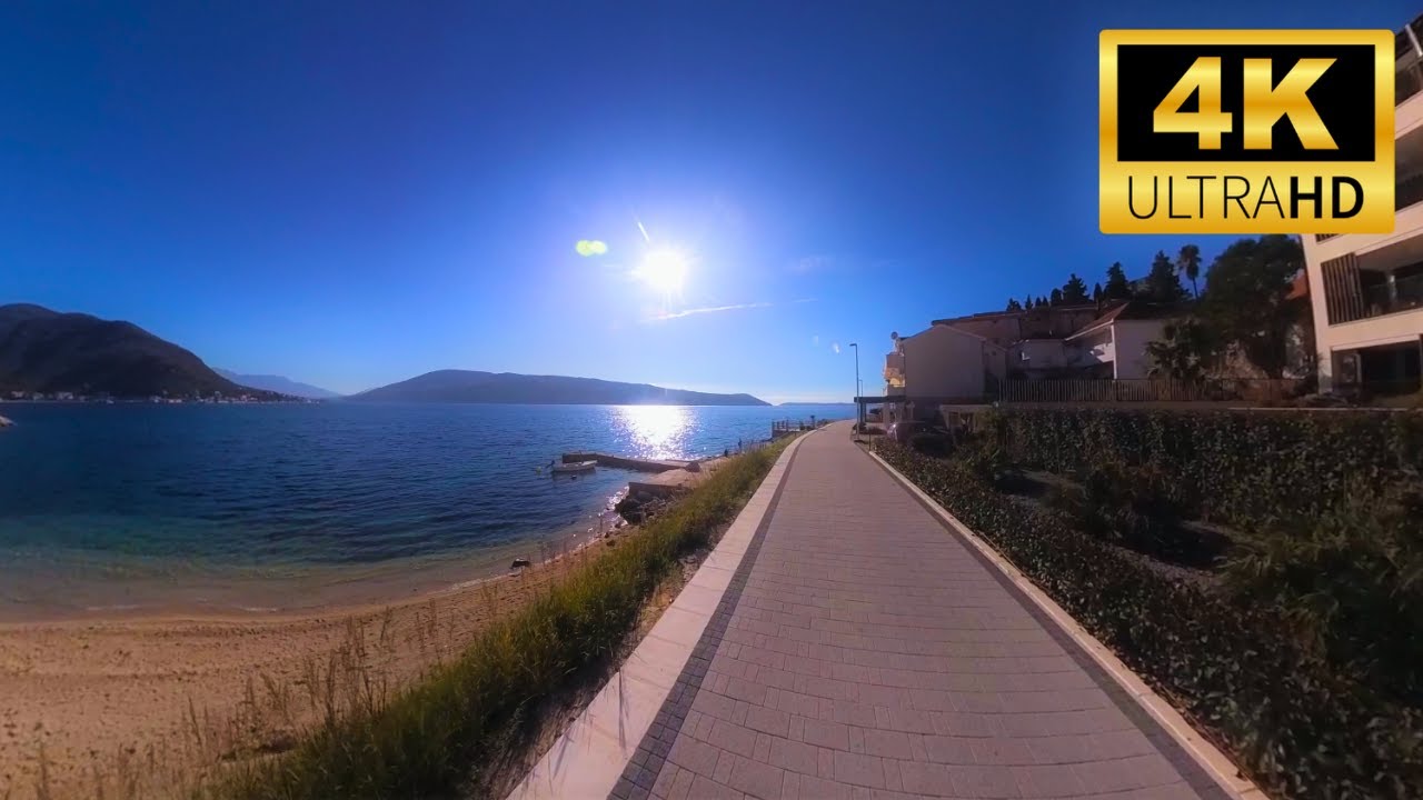 4K Promenade Waterfront Walk – Calming Clear Blue Sky in Montenegro
