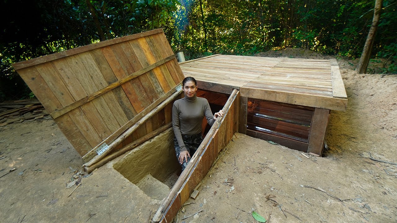 Building Survival Wooden Underground Bushcraft Shelter In Wilderness