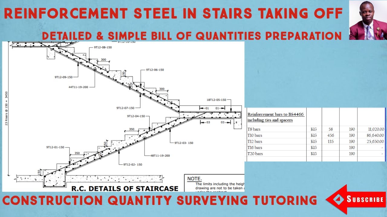 TAKING OFF STEEL REINFORCEMENT BARS IN STAIRCASE E19//BILL OF QUANTITIES IN CONSTRUCTION USING EXCEL