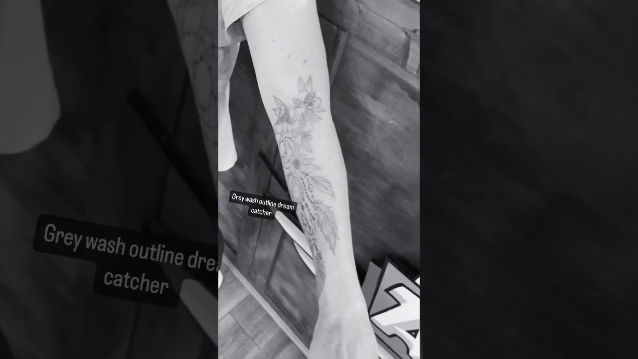 Dream catcher tattoo outline session one. With charms and feathers