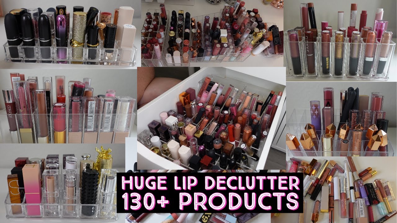 HUGE MAKEUP DECLUTTER 130+ Lip Products | Swatching & organizing!