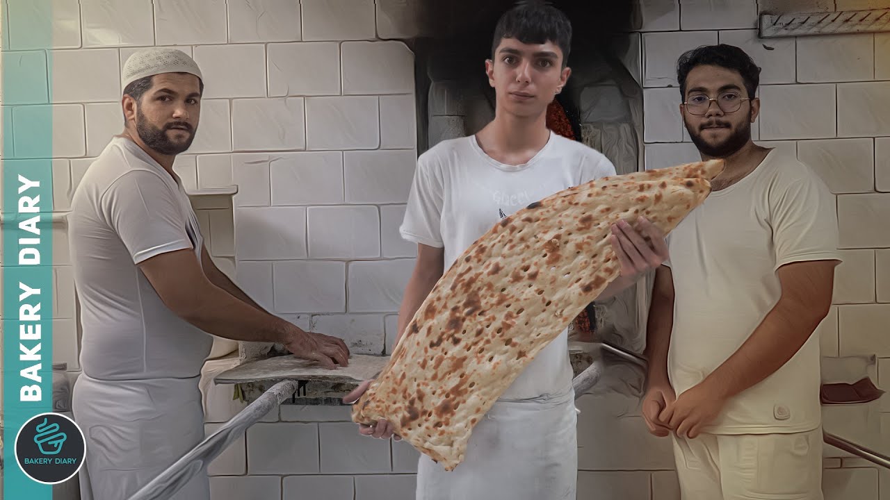 The game of Iranian Sangak bread with fire in the oven covered with stones!