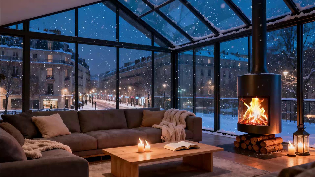 Winter Night in a Glass Rooftop Lounge 🔥 Snowfall and Firelight