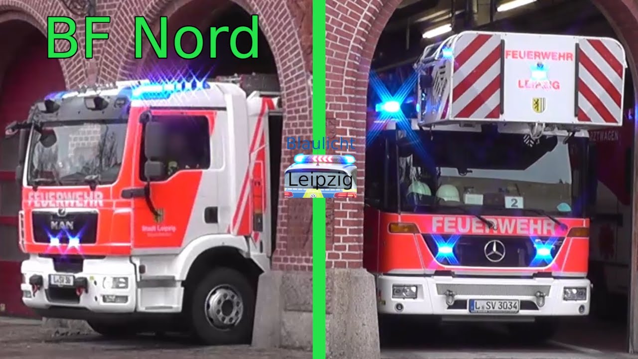 [Brand 2] Drehleiter (DLAK) 23/12 und HLF 20 der Berufsfeuerwache 2 (Leipzig Nord) auf Einsatzfahrt