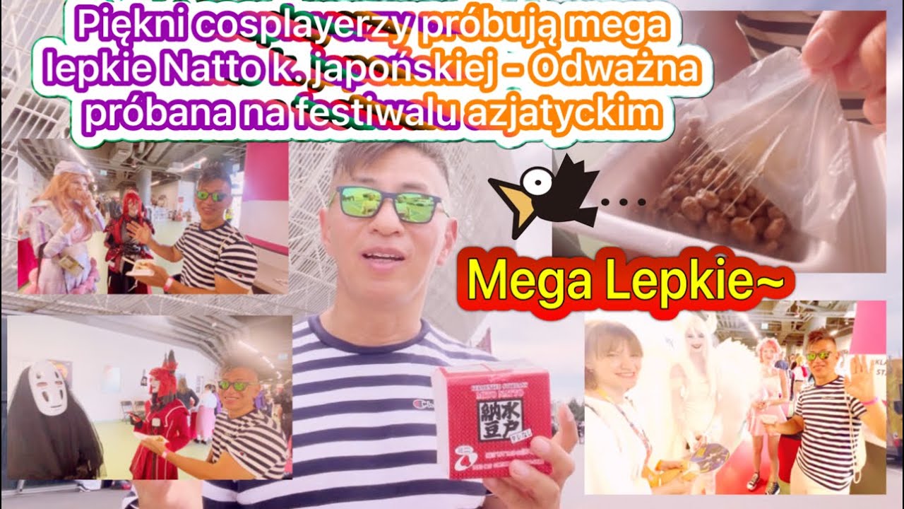 Piękni cosplayerzy próbują mega lepkie Natto k. japońskiej Odważna próbana na festiwalu azjatyckim