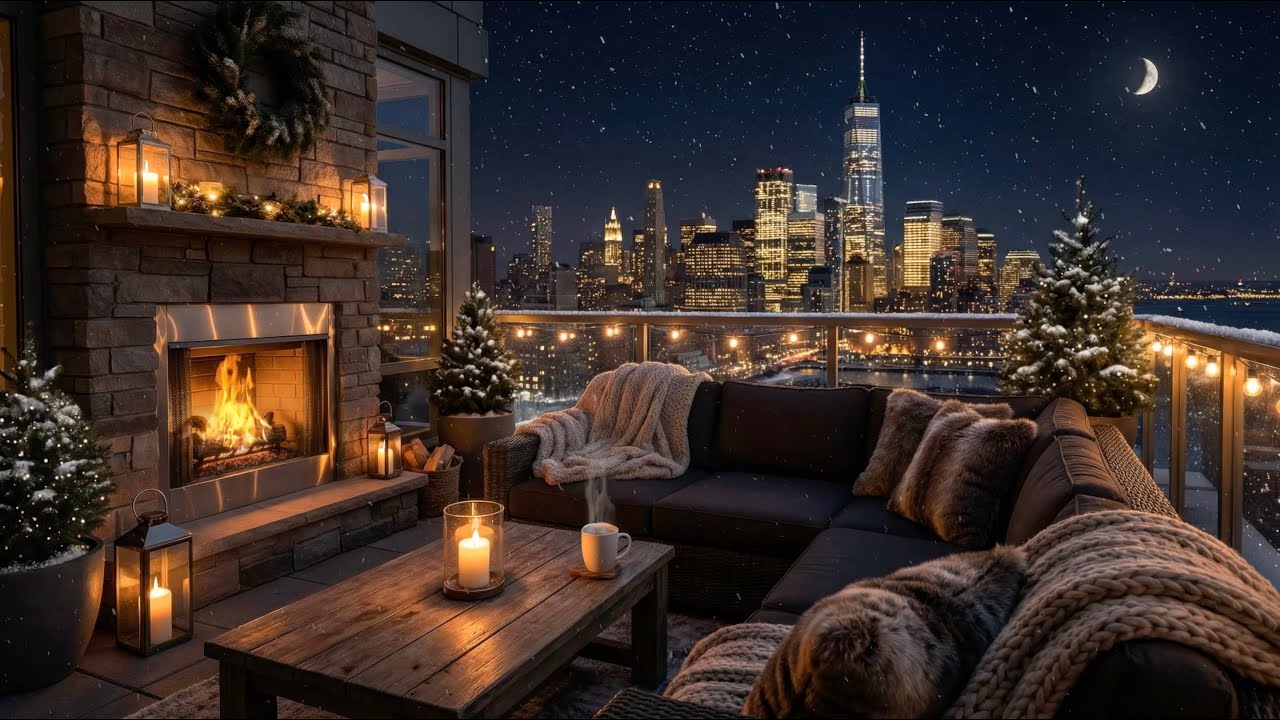 Cozy New York City Night Winter Balcony Ambience to Sleep, Relax, Focus 😴🌃🌨️ (Fireplace, City Sound)