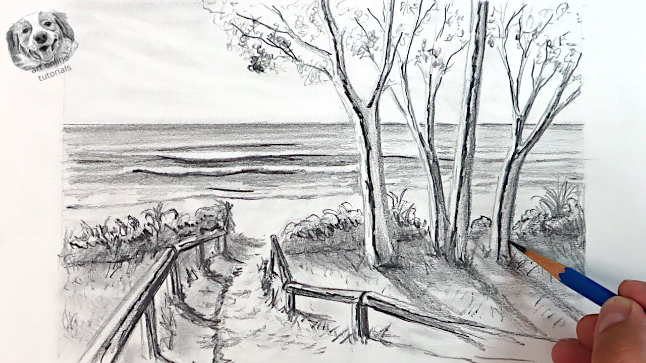 How to Sketch or Draw  a Realistic Beach Scene in Pencil: Step by Step Tutorial