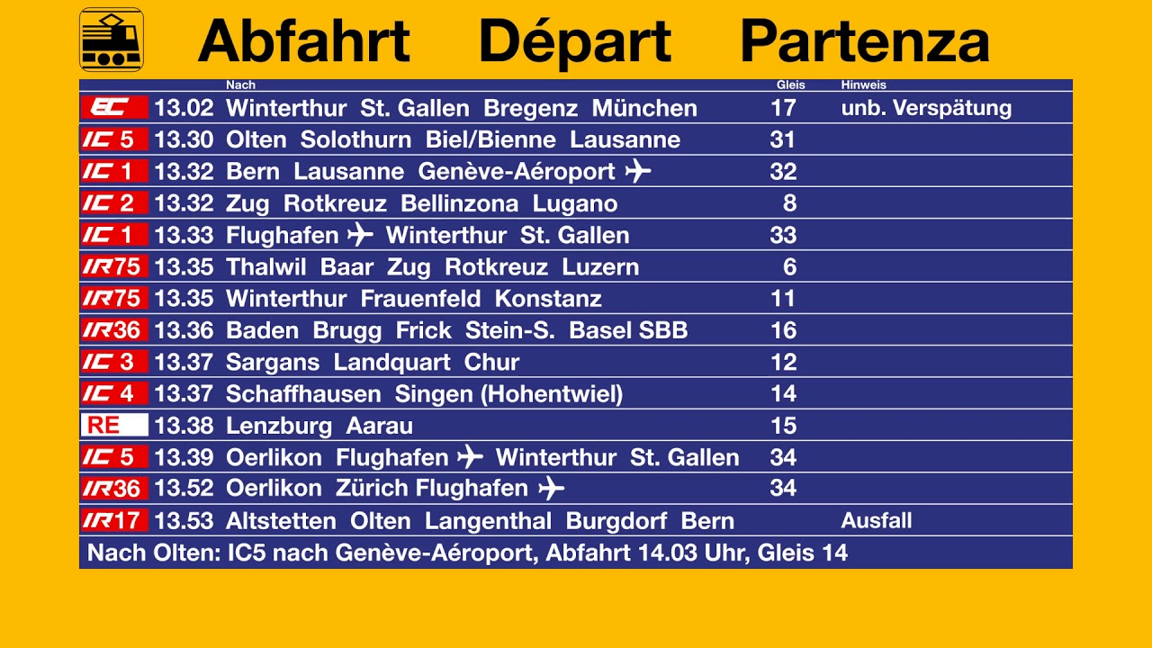 SBB Ansage - Verbindungen in Zürich HB (IC1, IR36, IC4, IC3, RE)