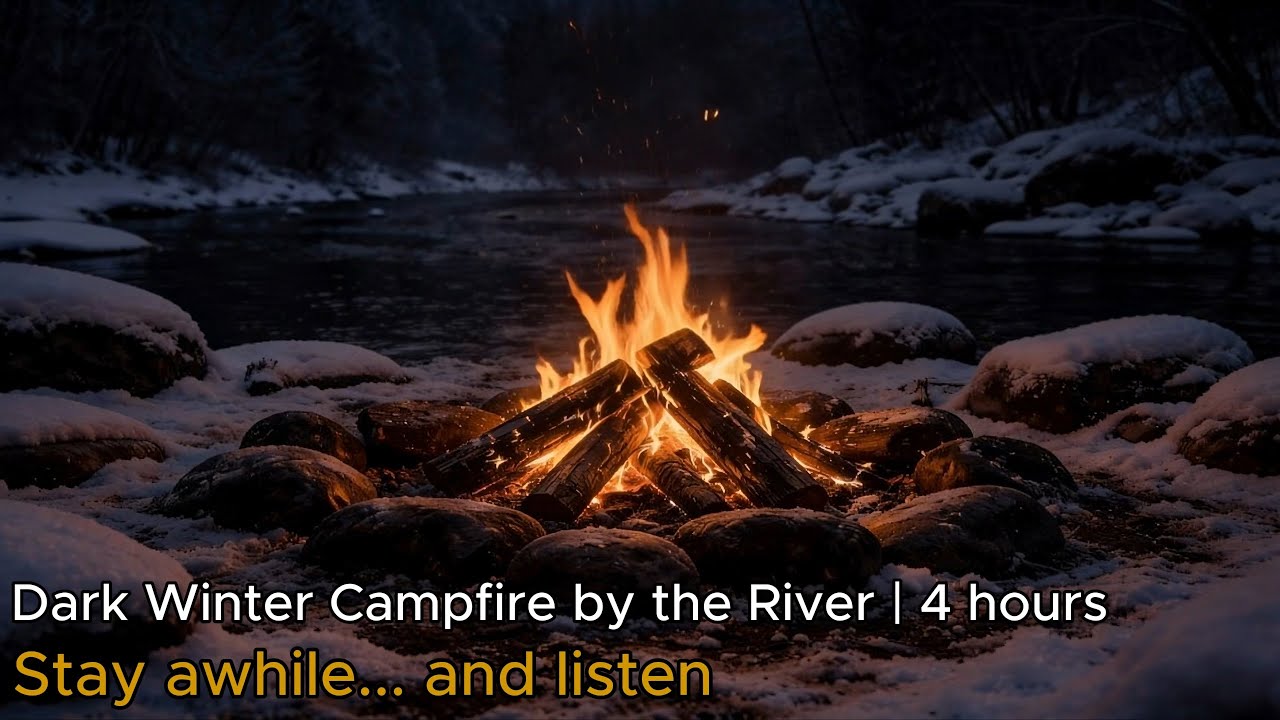 Dark Winter Campfire by the River | 4 hours