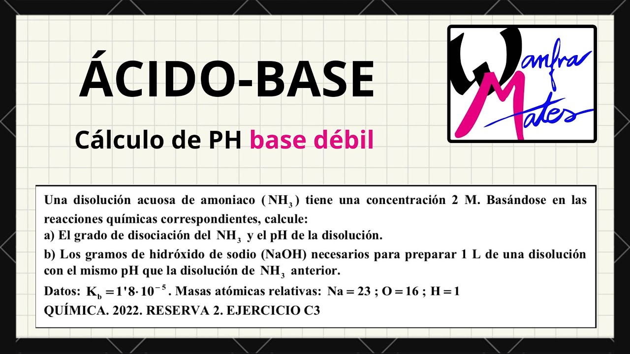 Calcular PH y grado de disociación. BASE débil 