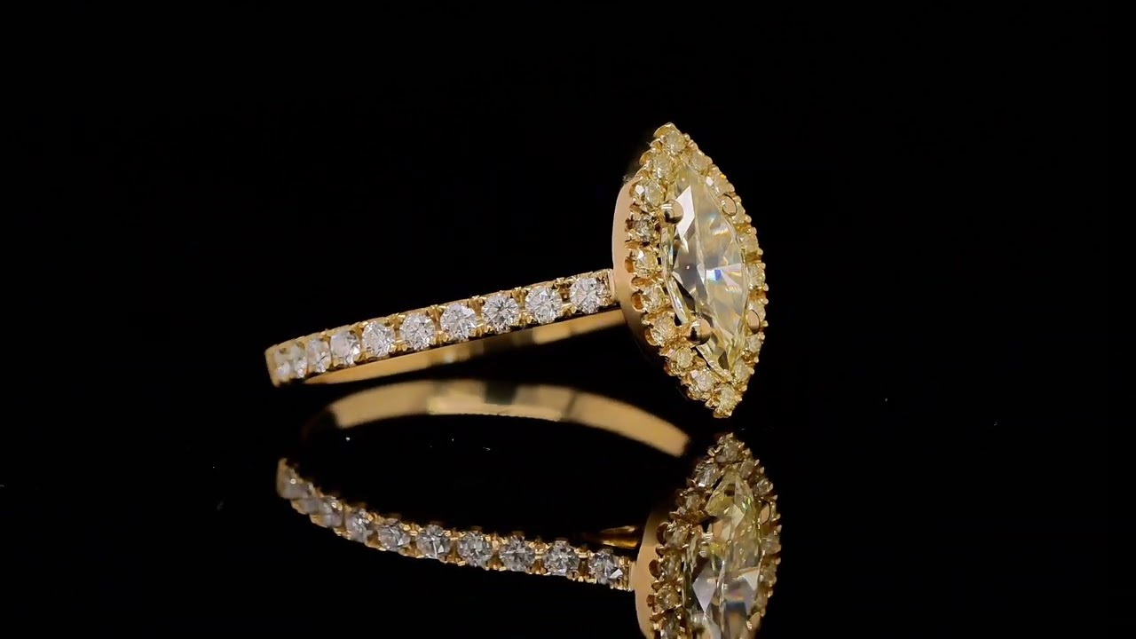 0.61 ct Y-Z SI2 GIA Marquise Diamond Halo Ring in 18K Yellow Gold - Orogem Jewelers