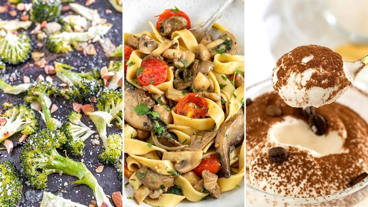 VEGAN DINNER 002: mushroom pasta w. garlic and tomatoes + easy coffee mousse + chili lemon broccoli