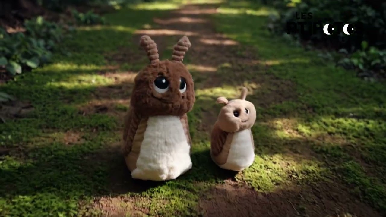 Vidéo d'animation peluche Speedou l'escargot beige maman et son bébé - Les Ptipotos