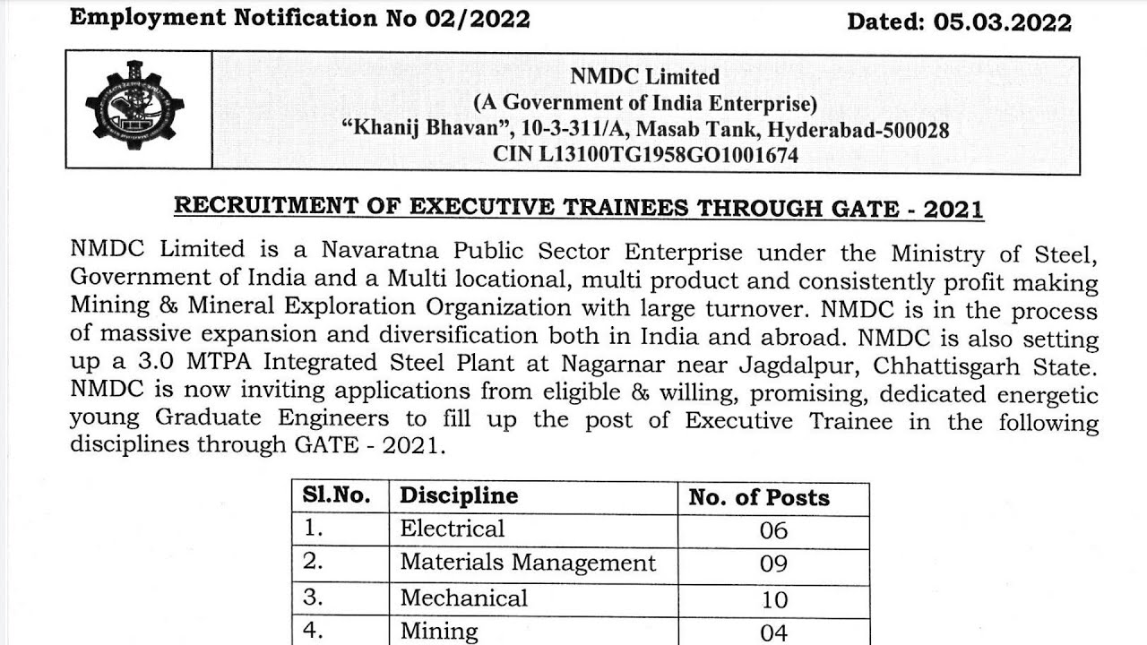 NMDC Recruitment 2022 | NMDC through GATE 2021 | NMDC GATE 2022 | NMDC GATE 2021 | NMDC