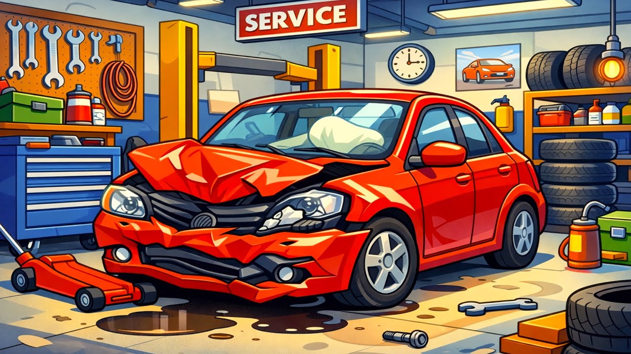 Severely Damaged Red Car Gets Repaired 🔧🚗 Inside the Auto Service Garage