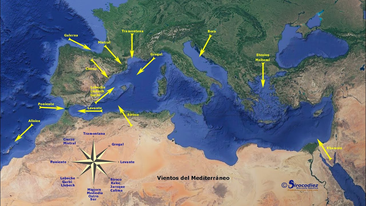 Vientos del Mediterráneo y del Atlántico oriental de Meteorología para Patrón de Yate de Sirocodiez