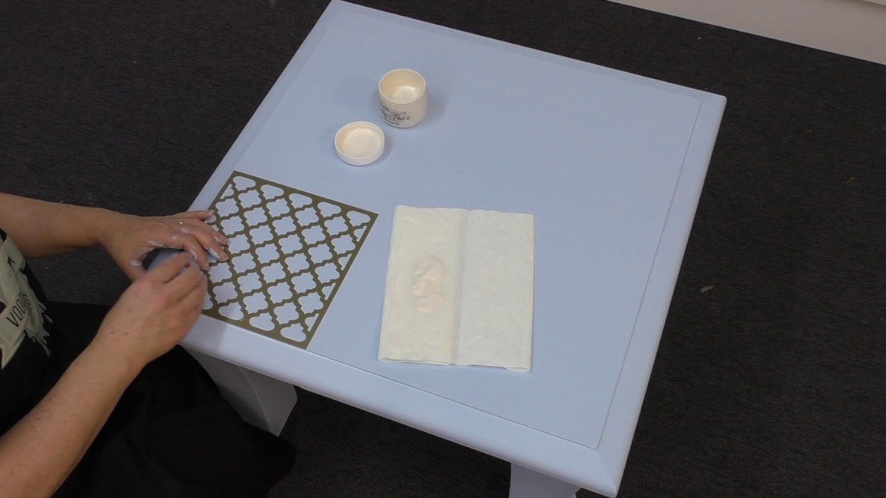 Painting a stencil on table top with Voodoo Molly Vintage Paint