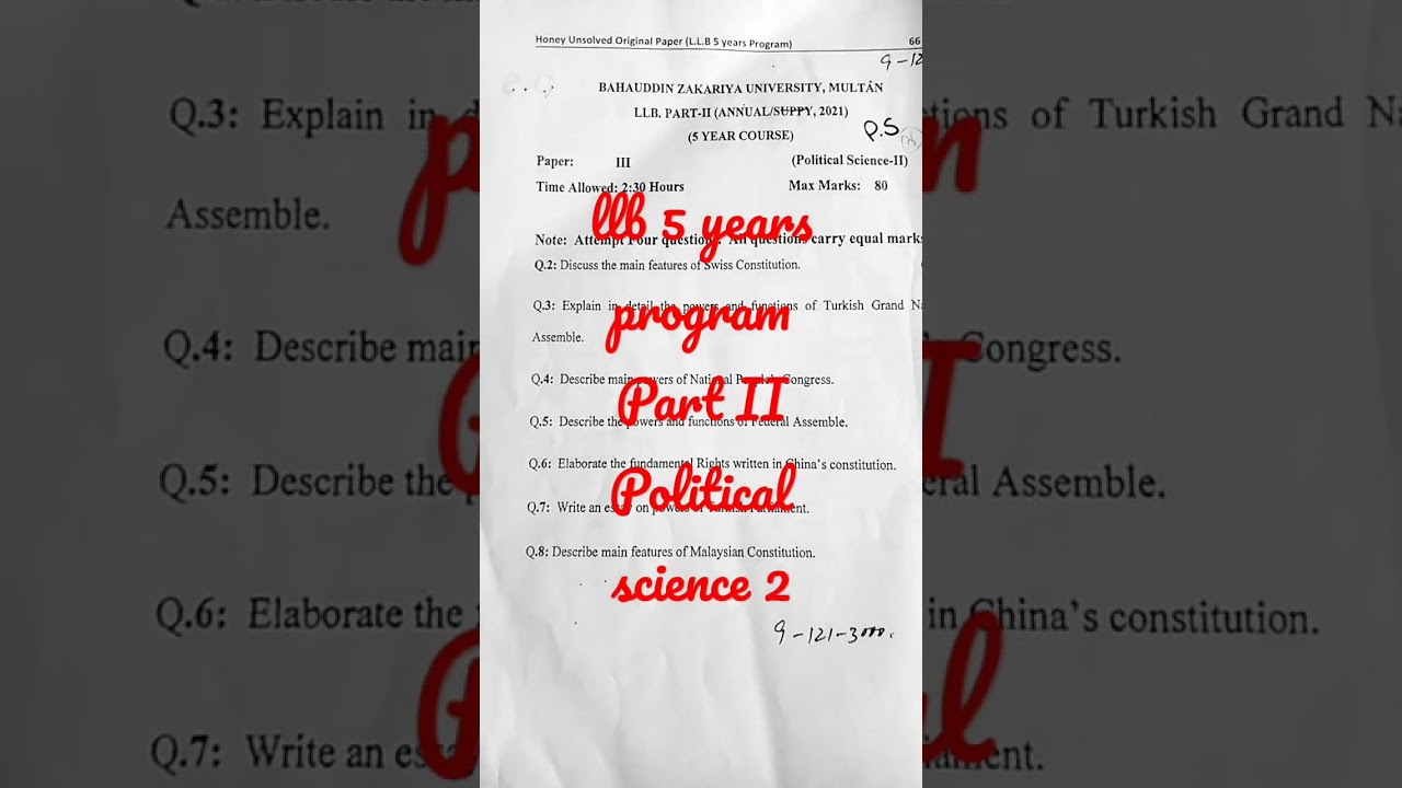 llb 5 years program Part II| paper 3| political science 2 