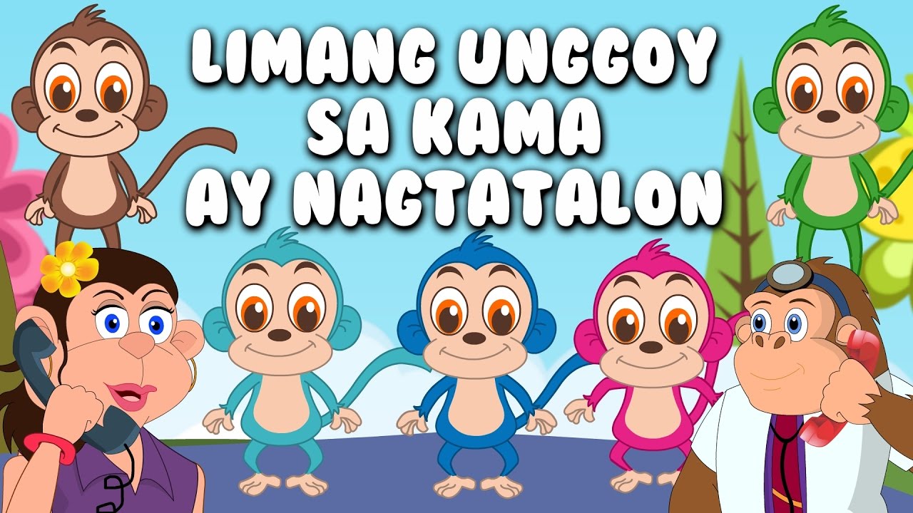 Limang Unggoy Sa Kama Ay Nagtatalon | Kantang Pambata Tagalog | 5 Little Monkeys in Filipino