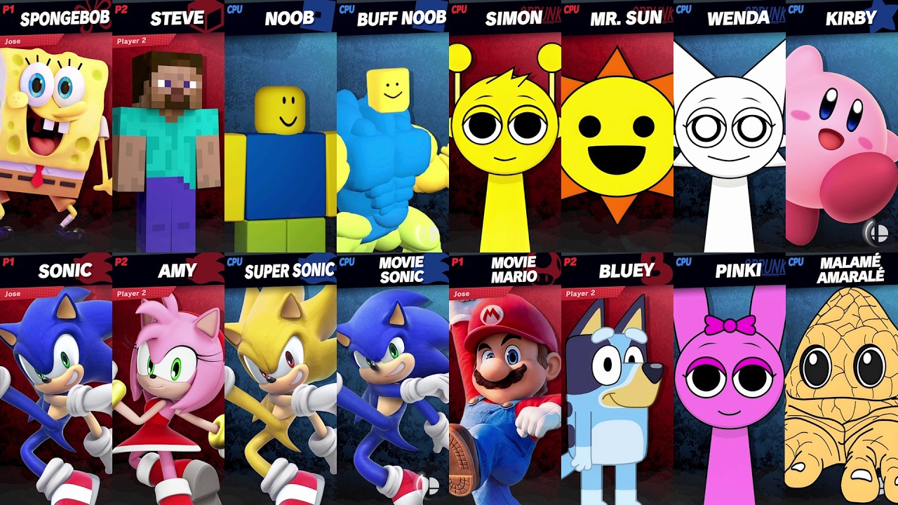 Sonic vs Mario vs Bluey vs SpongeBob vs Roblox vs Minecraft vs Brainrot | Super Smash Bros Ultimate