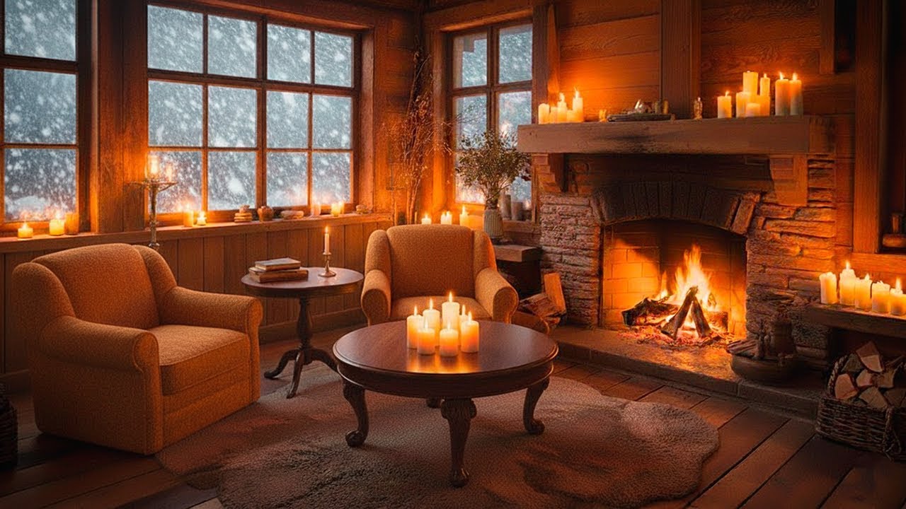 Cozy Winter Ambience ⛄ Warm Jazz Music and Piano & Crackling Fireplace for Relaxing, Work