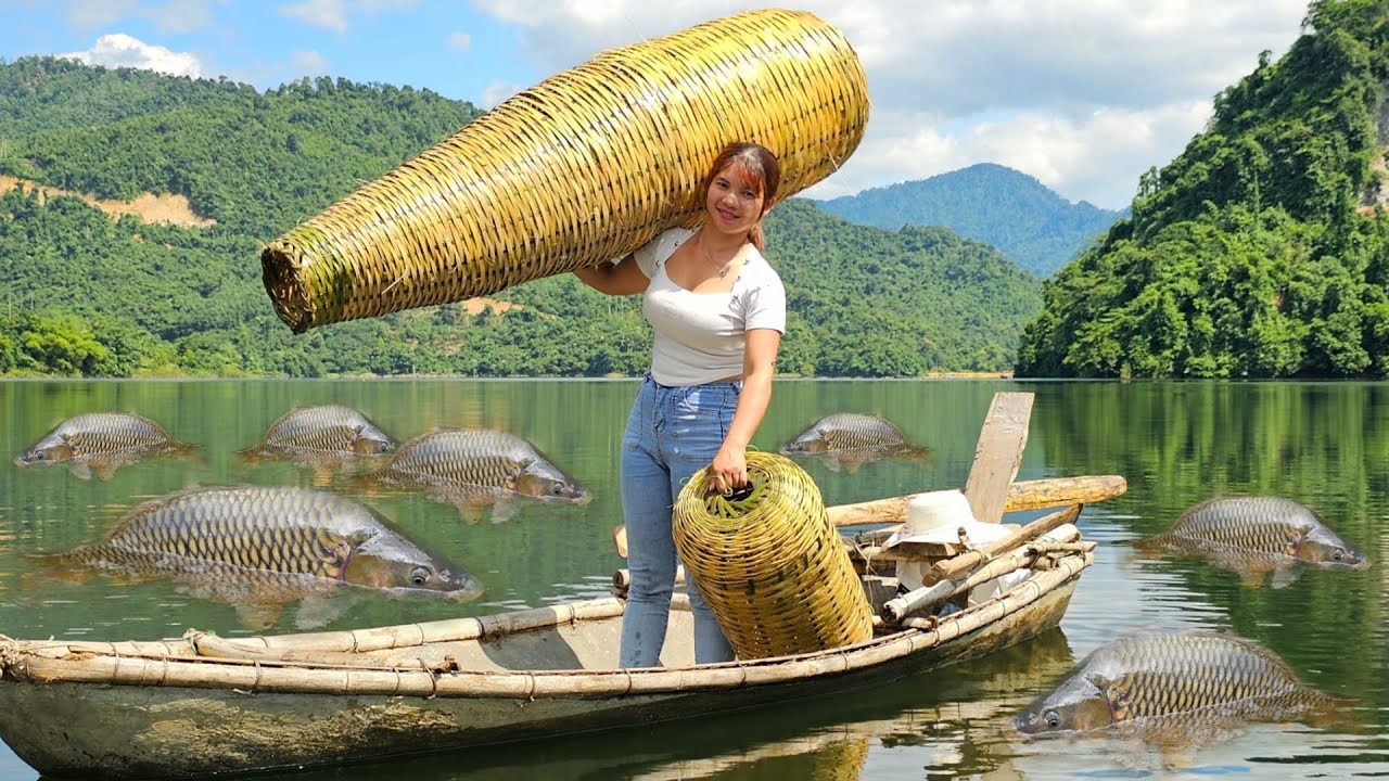Girl weaves a bamboo cage to trap fish on the lake. new life Survival.