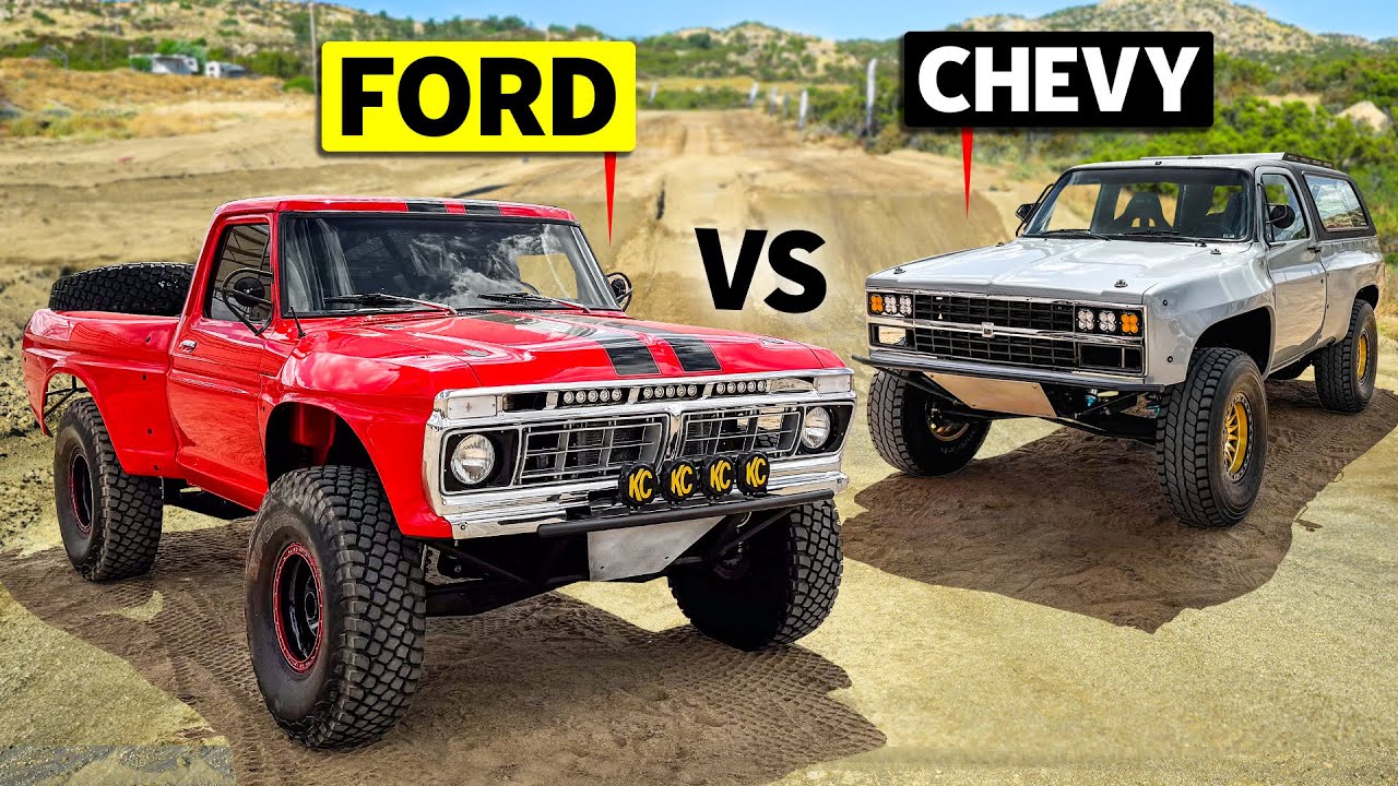 Chevy против Ford в грязи! Blazer Prerunner 1980 года против IMMACULATE Small Block Dentside F-10...