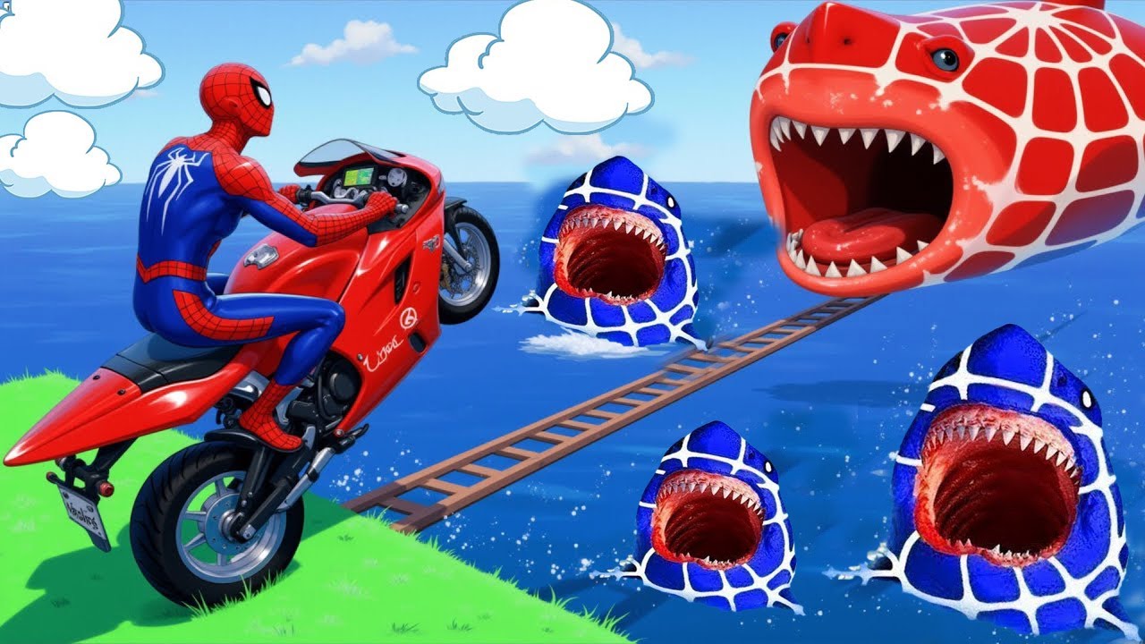 الأبطال الخارقين على القضبان دوامة قمع جسر SPIDER MAN! 🏍️on Motorcycle in Spiral Bridge Stunt