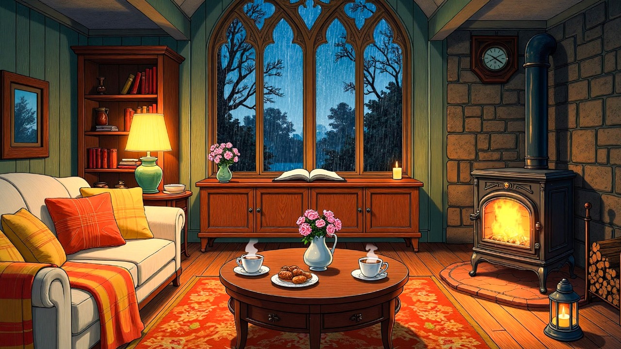 it’s the 1940s on a cozy rainy night with oldies playing in another room fireplace & rain sounds