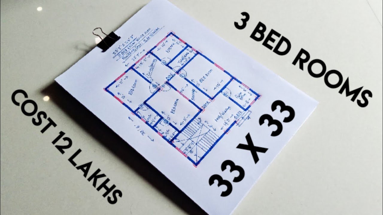 33 x 33 house plan with 3 bed room II 33 X 33 GHAR KA NAKSHA II 33 X 33 HOUSE DESIGN