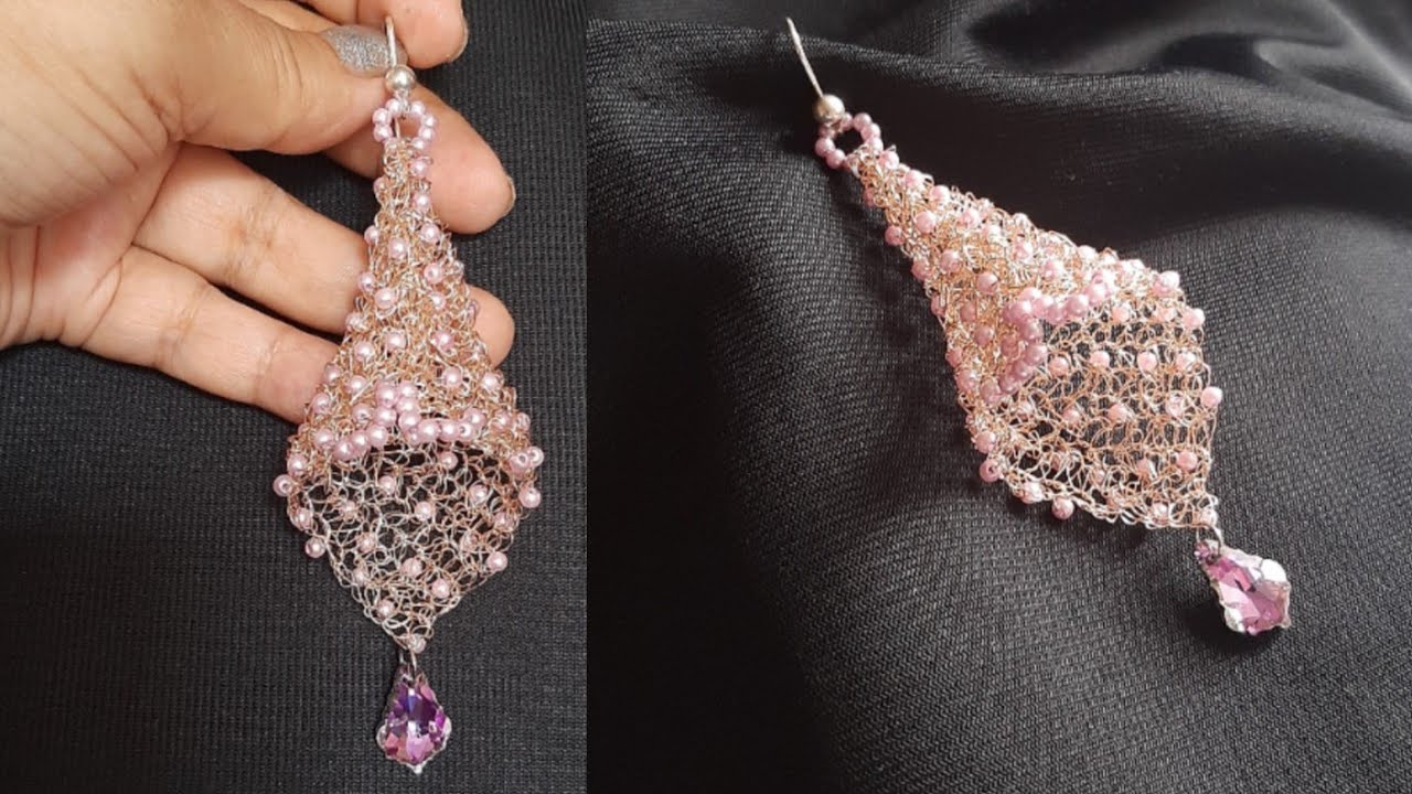 Aretes tejidos a crochet con alambres de cobre Rosa