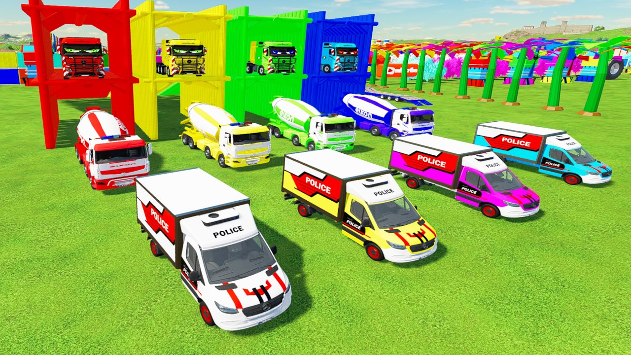 Trucks with Colors - ALL COLORFUL RENAULT MIXER TRUCK, AMBULANCE TRANSPORTING WITH TRAILER TRUCK