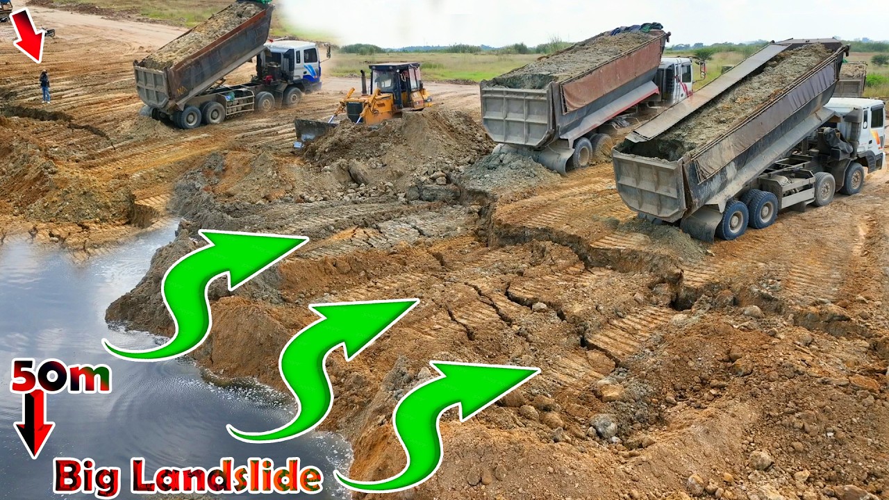 Hard Work Equipments!! Dozer Komatsu D58 And Many Dump Trucks Recovery &Repair The Land From Sinking