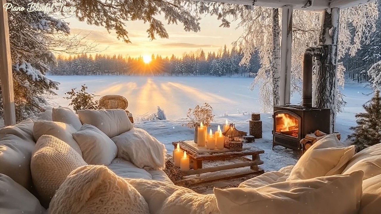 Quiet Winter Afternoon at a Lakeside Cabin ❄️Calm Piano & Cozy Fireplace Sounds for Relaxation