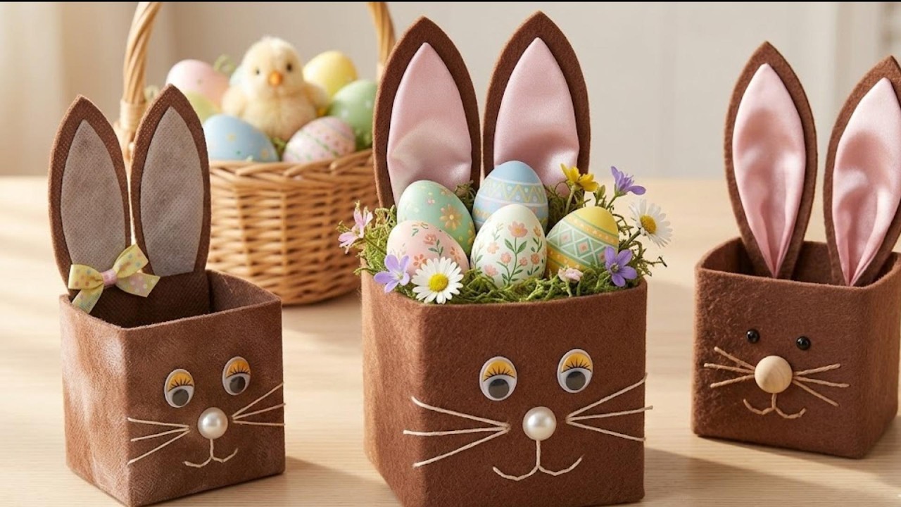 Conejo de Pascua hecho con caja de tetrabrik, tela vegetal y goma eva