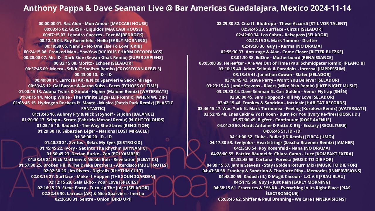 Anthony Pappa & Dave Seaman Live @ Bar Americas Guadalajara, Mexico 2024-11-14 with tracklist