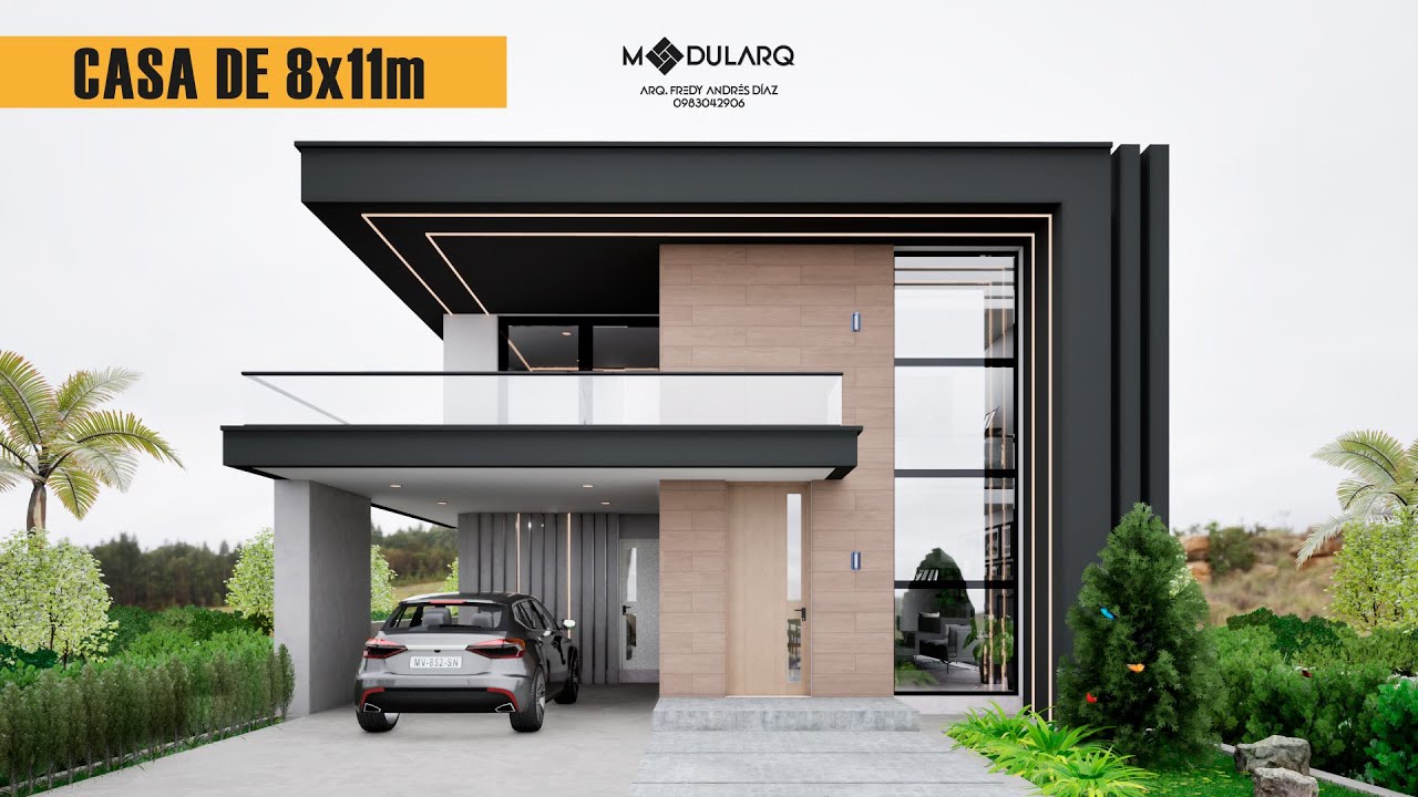 Casa de Dos Pisos Pequeña y Moderna | 3 Dormitorios | Plano de Planta 8x11m