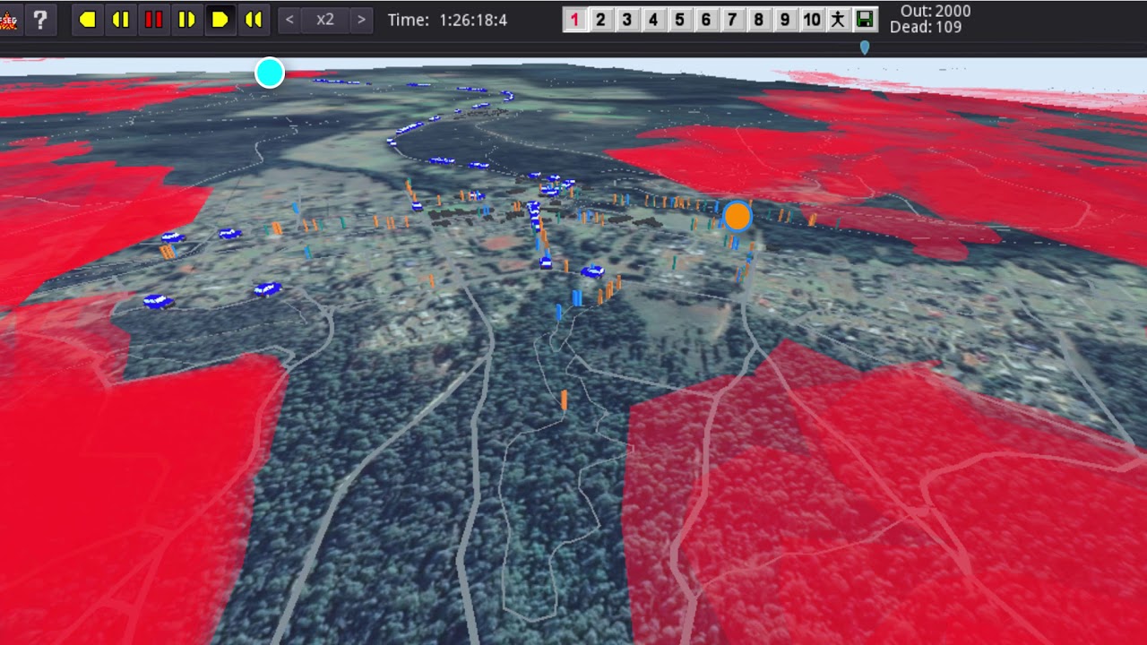 urbanEXODUS wildfire-pedestrian-vehicle coupled evacuation scenario