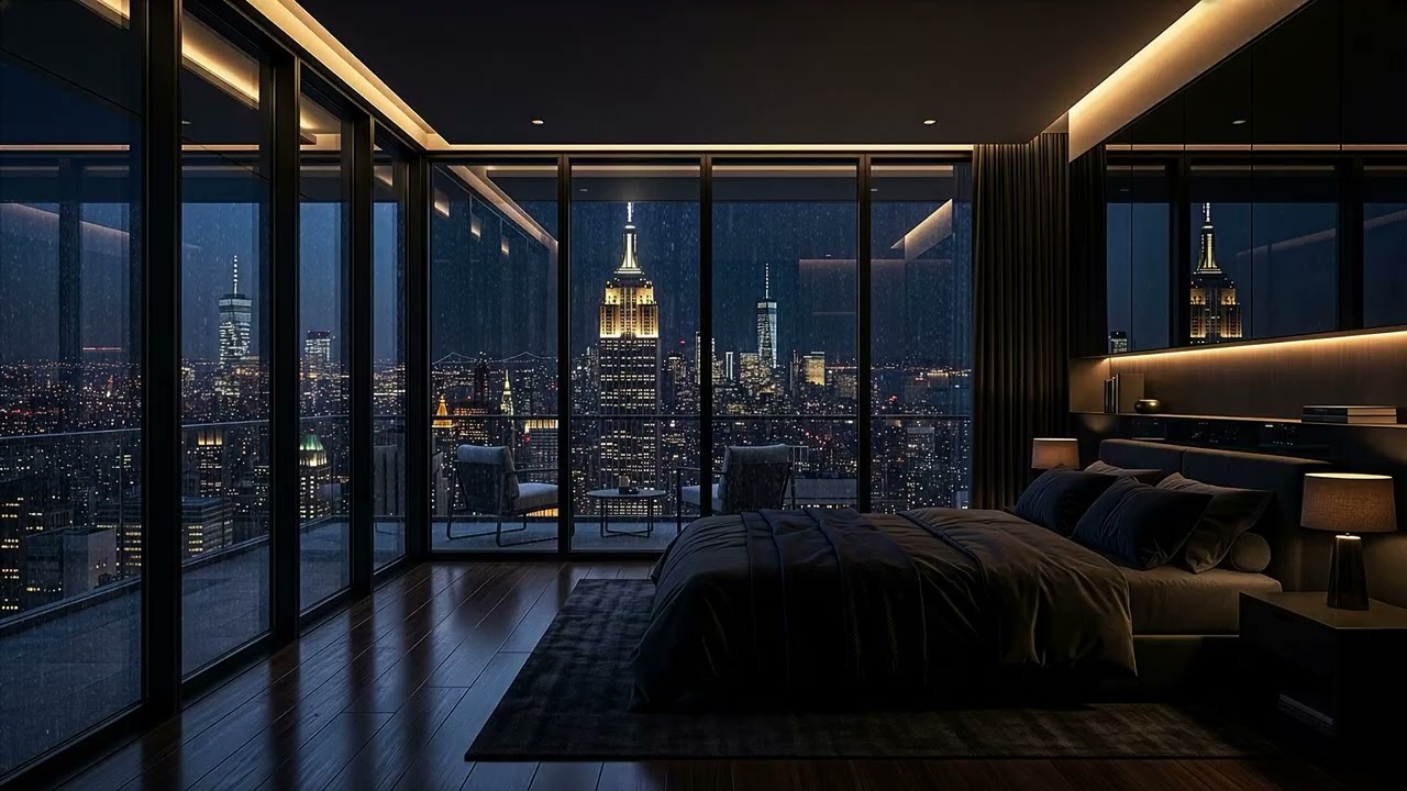 Peaceful Apartment at Night | Soft Rain & Distant City Sounds