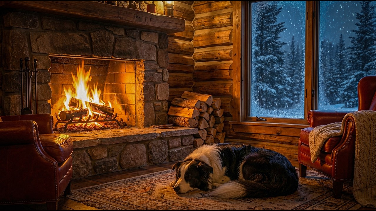 Cozy Cabin Night Ambience 🔥 Relaxing Smooth Jazz, Sleeping Dog & Fireplace Warmth for Focus & Calm