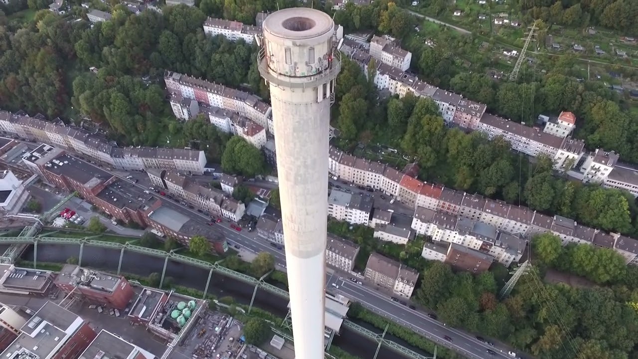 Drone flight September 2015, Wuppertal, 200m chimney before sunset