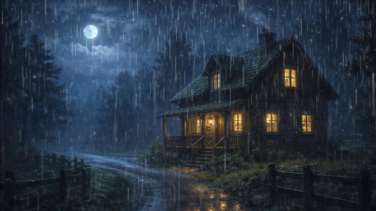 Cozy Stone Cottage in the Rain 🌧️ | Peaceful Night Ambience with Moonlight & Nature Sounds