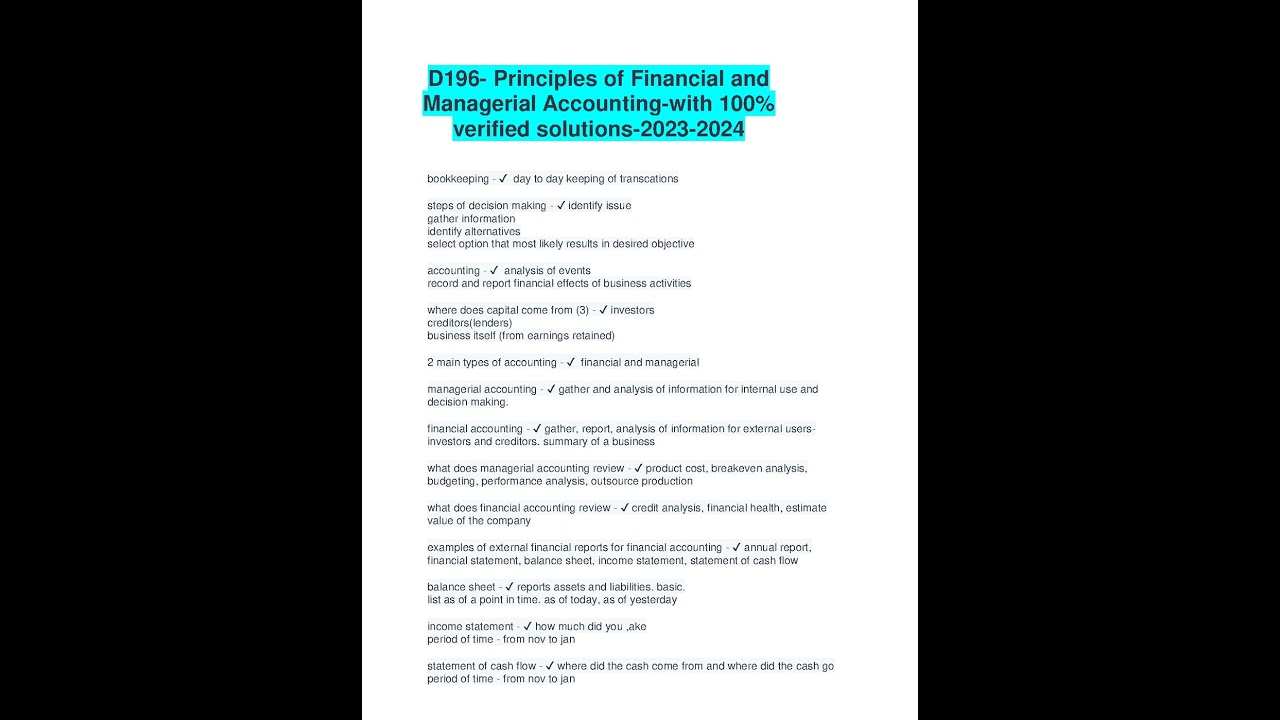 D196 Principles Of Financial And Managerial Accounting With 100 Verified Solutions 2023 2024