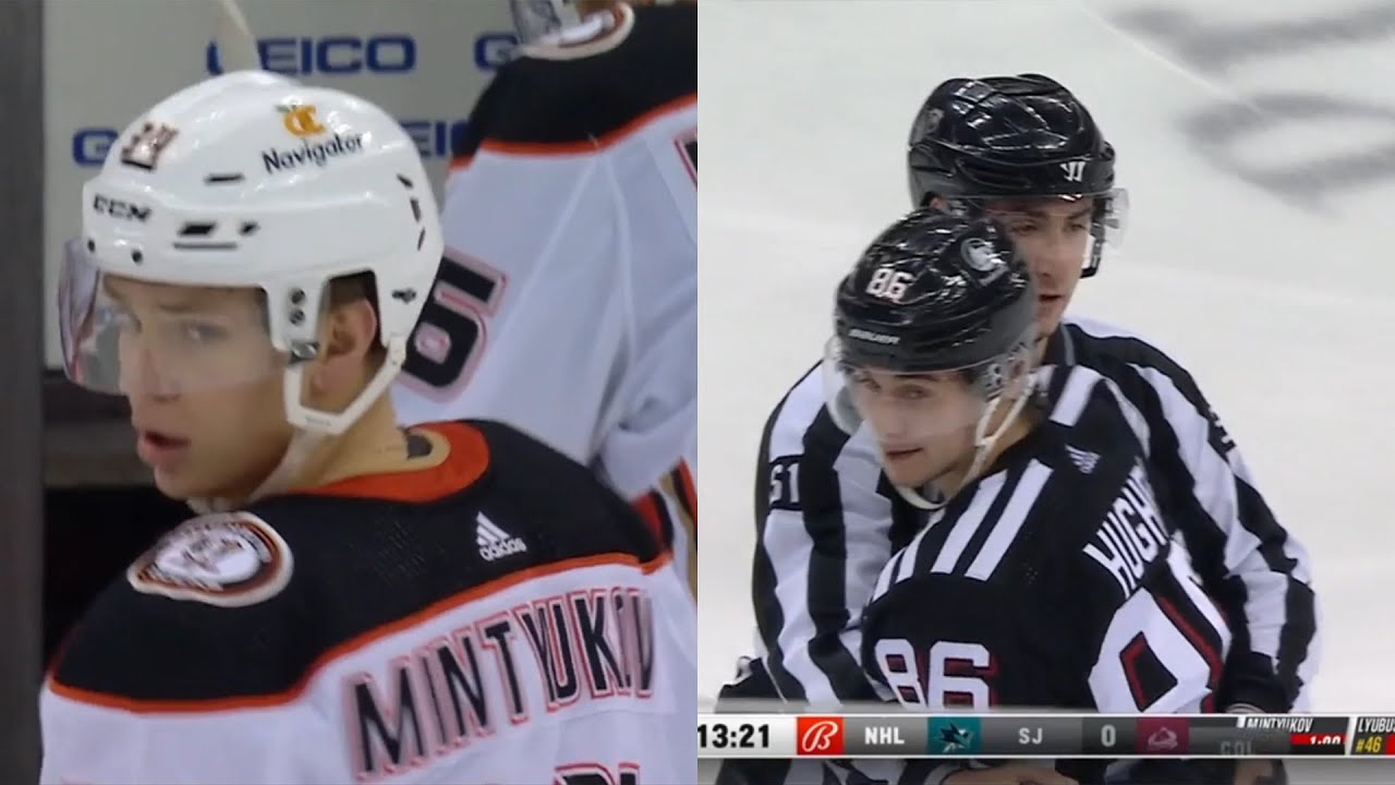 Jack Hughes mixes it up with Pavel Mintyukov