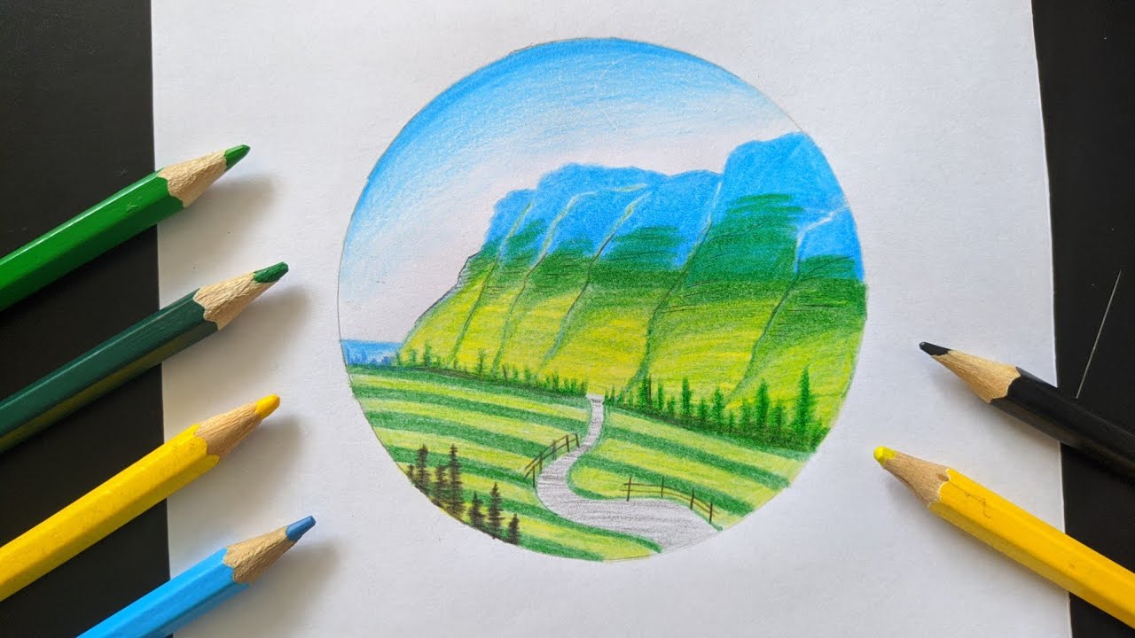 Como desenhar Montanhas e plantação só com 4 lápis de cor. Paisagem simples e fácil