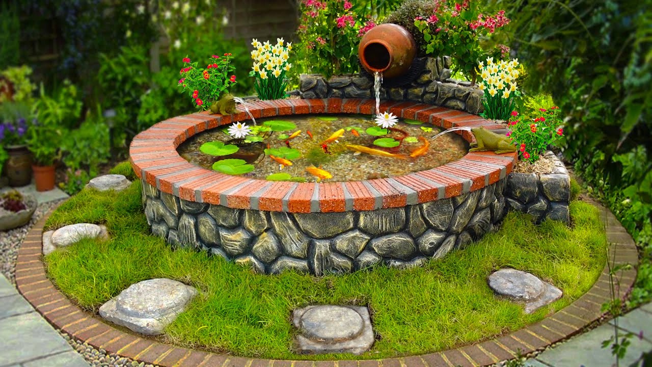 DIY beautiful waterfall aquarium from cement