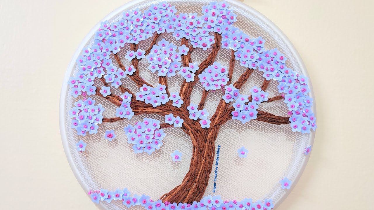 Cherry Blossom Tree Embroidery on Mesh Fabric/Net / Hand Embroidery / Embroidery Hoop Art / Tutorial