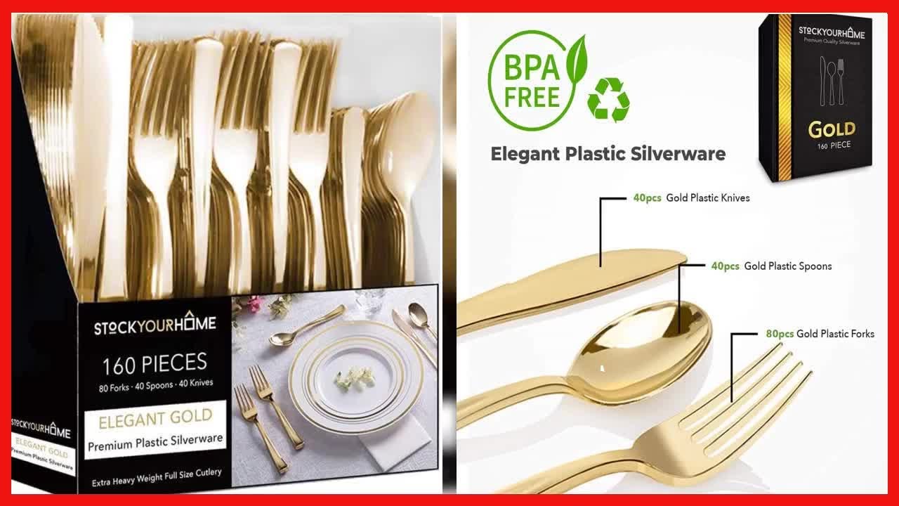 Gold Plastic Silverware Set (160 Bulk Pack) Disposable Cutlery Utensils, 80 Gold Forks